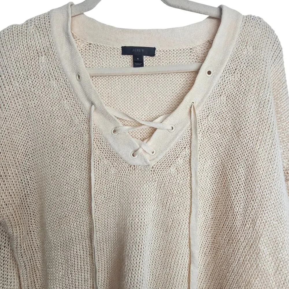 J. Crew Womens 100% Linen Lace Up Sweater Sz S Coastal Grandma Open Knit Boho